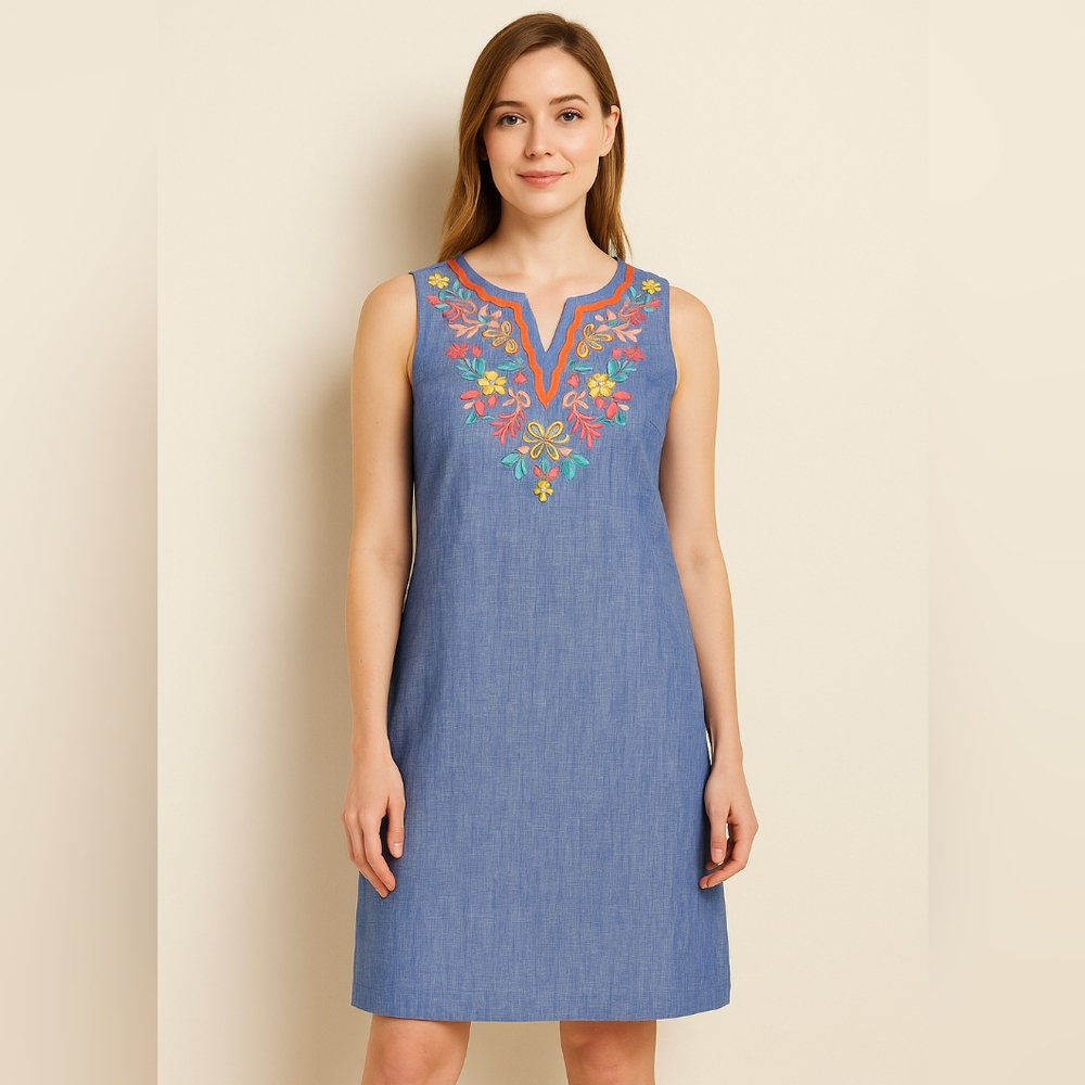 Talbots Women’s Blue Embroidered Linen Blend Shift Dress – Size 12